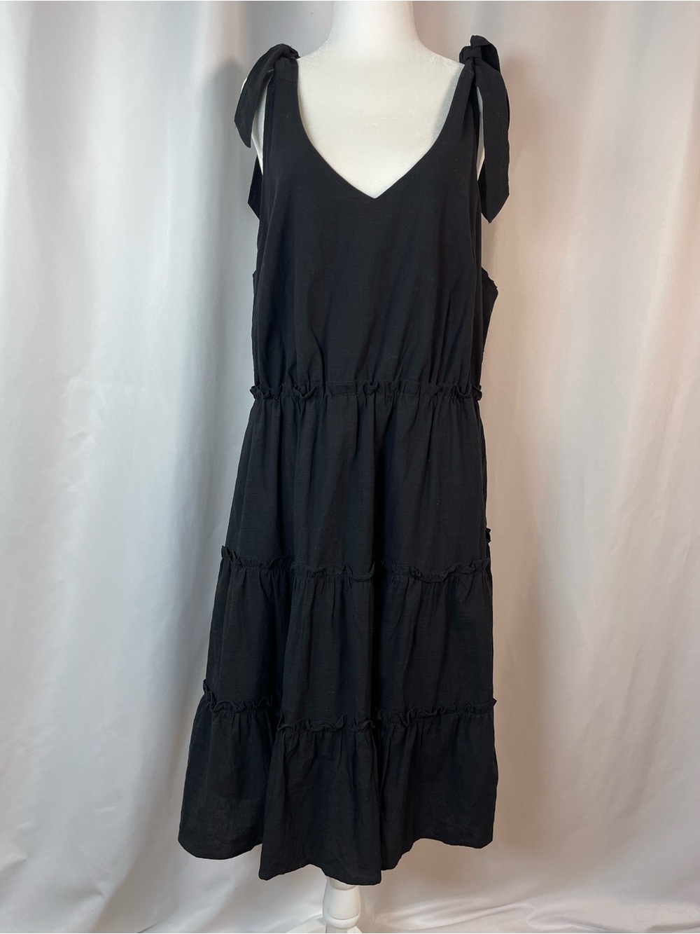 NEW Zesica XL Sleeveless Black Tie-Shoulder Tiered Midi Dress Ruffle Cottagecore
